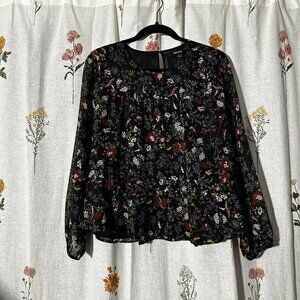 Madewell Finch Floral Ruffle Shirt Birds Black Chiffon Long sleeve blouse